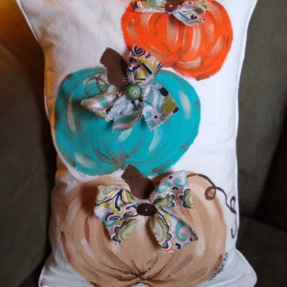 Fall pumpkin lumbar pillow, handpainted, cotton.